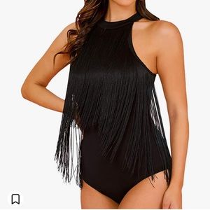 Women's Fringe Trim Sleeveless Bodycon Halter Bodysuit Top